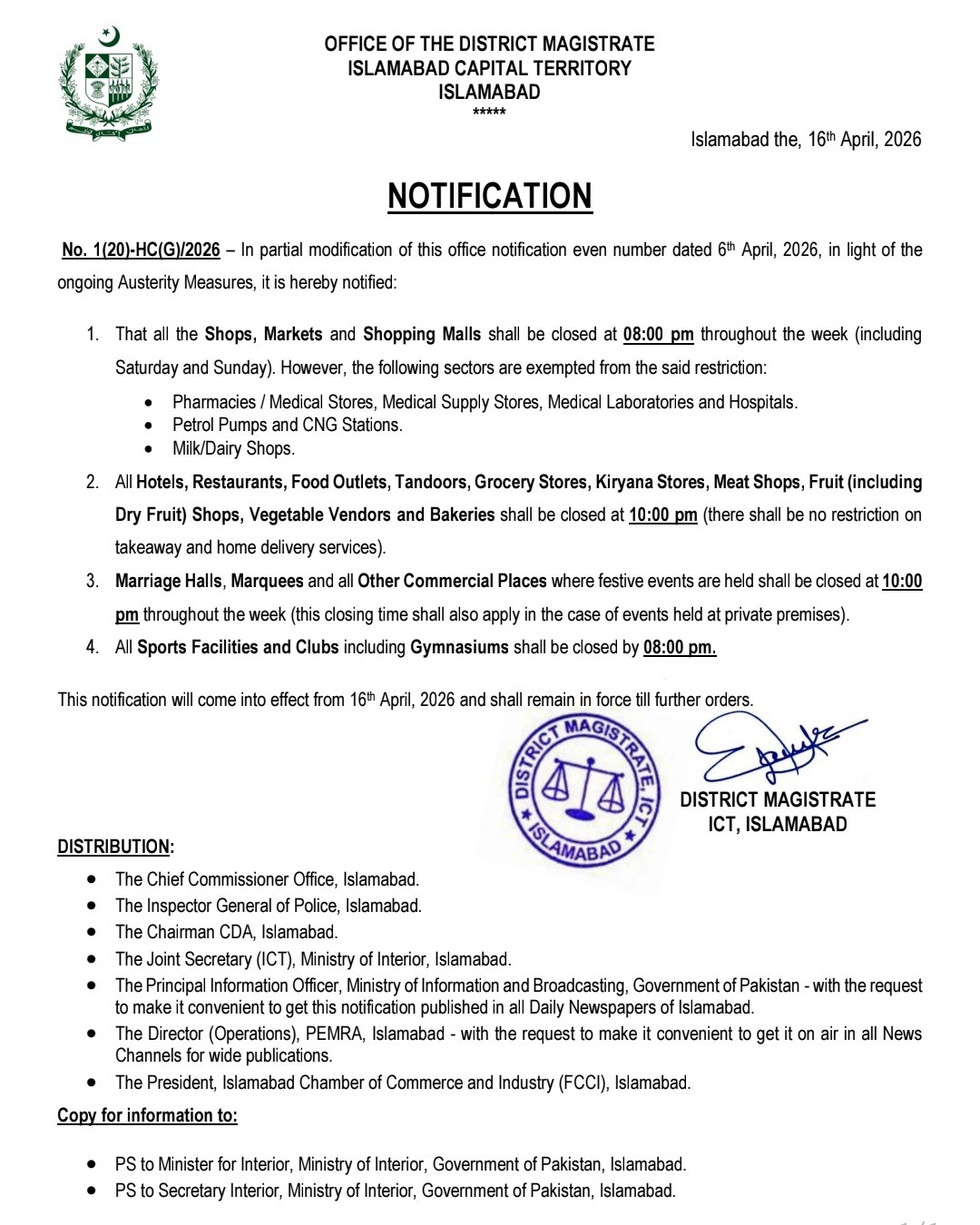 You are currently viewing Important Notice: Revised Market Timings for Blue Area, Islamabad